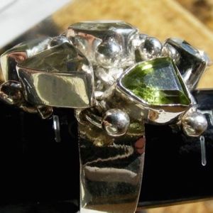 Green amethyst, peridot and sterling silver ring,